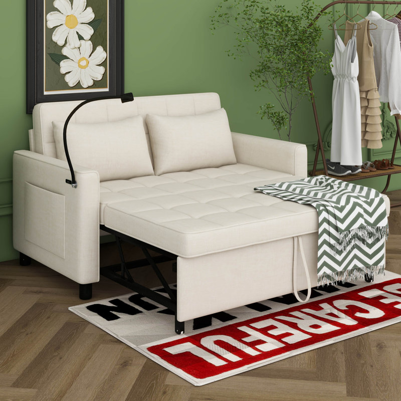 Canapé-lit escamotable avec dossier réversible et deux coussins décoratifs, canapé-lit avec ports USB et support pour téléphone, poches latérales