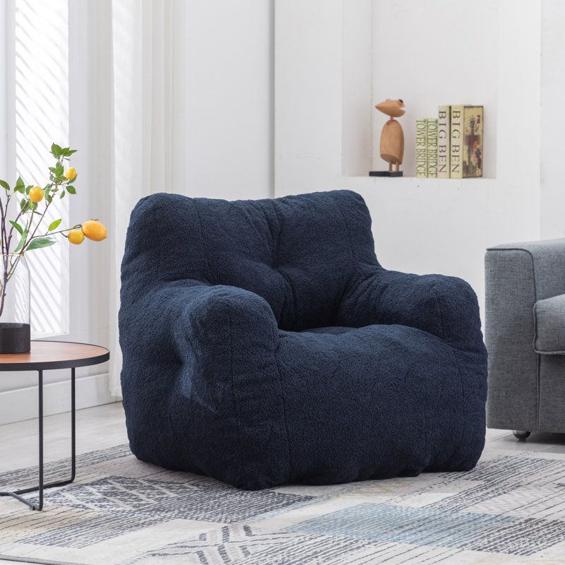 010-Soft Teddy Fabric Tufted Foam Bean Bag Chair With Teddy Fabric, Dark Blue Fabric