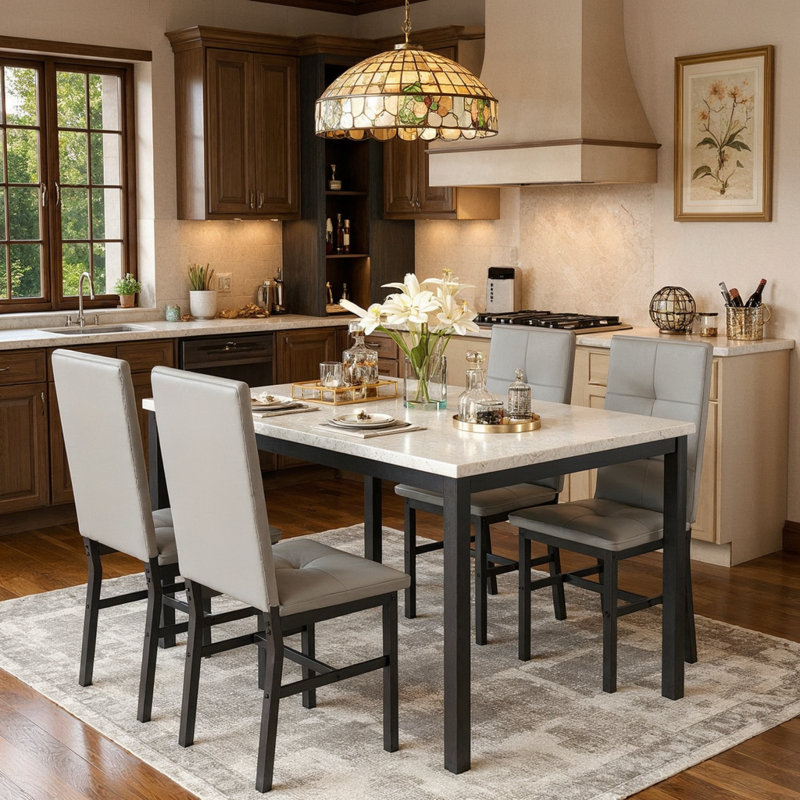 Ensemble de table de salle à manger pour 4 ensembles de cuisine et de salle à manger moderne de 5 pièces, table de cuisine en faux marbre avec 4 chaises en cuir synthétique pour petit espace, coin repas, coin repas, cuisine