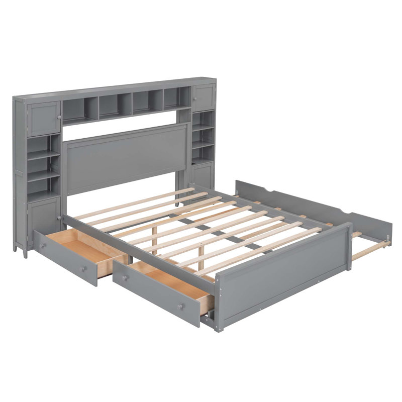 Queen Size Wooden Bed With All-In-One Cabinet, Shelf And Sockets,Twin XL Trundle, Gray