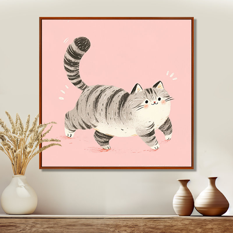 «Fluffy Tiger Cat On» - reproduction d'art murale chat, Toile avec cadre brun, H 36 po x l 36 po x P 1,5 po