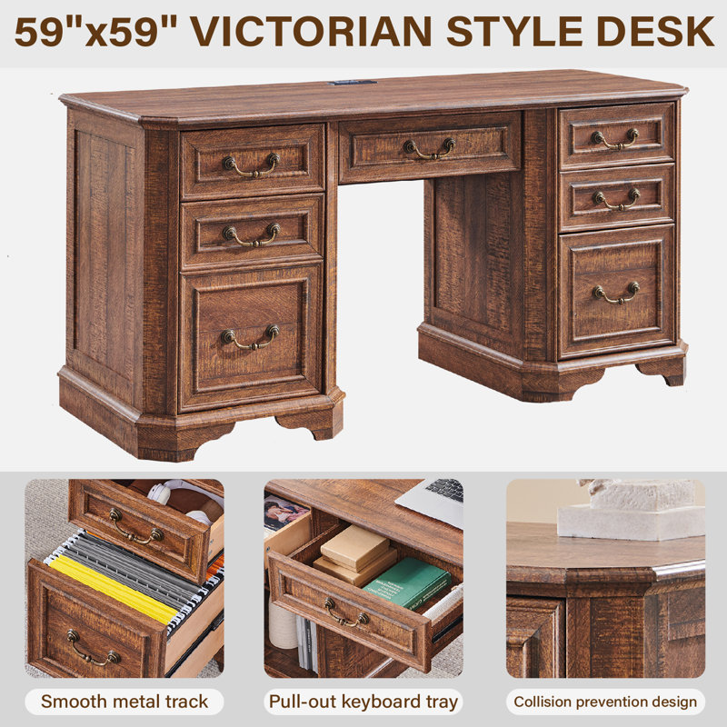 59” Executive Office Desk With Storage,Wood Home Office Computer Desk With Charging Station,File Drawers And Storage Cabinet