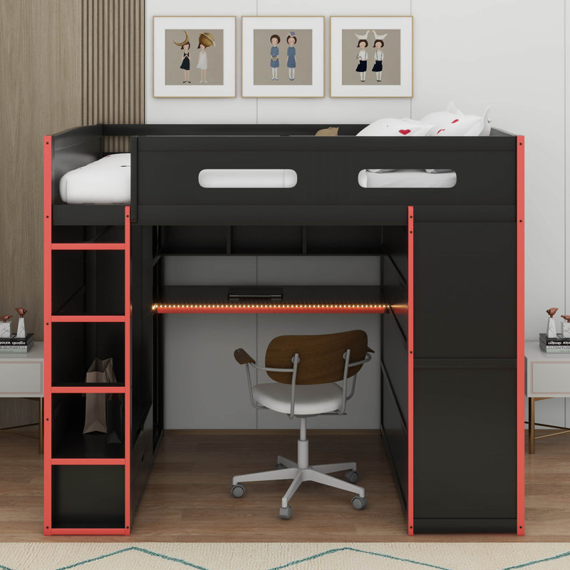 Lit mezzanine double en bois avec bureau, garde-robe, grand espace de rangement et lumière DEL RVB, Rouge
