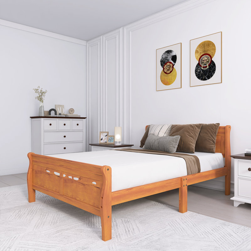 Lit plateforme double en bois avec tête de lit et lattes de bois, Orange, Double