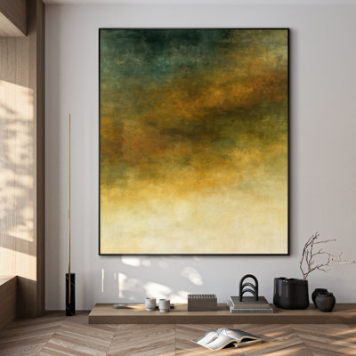 Très grand art mural imprimé sur toile - Art abstrait terreux vert et doré, œuvre d'art contemporaine pour le salon ou la chambre à coucher - «Assemblage requis du cadre (cadre non fini)»