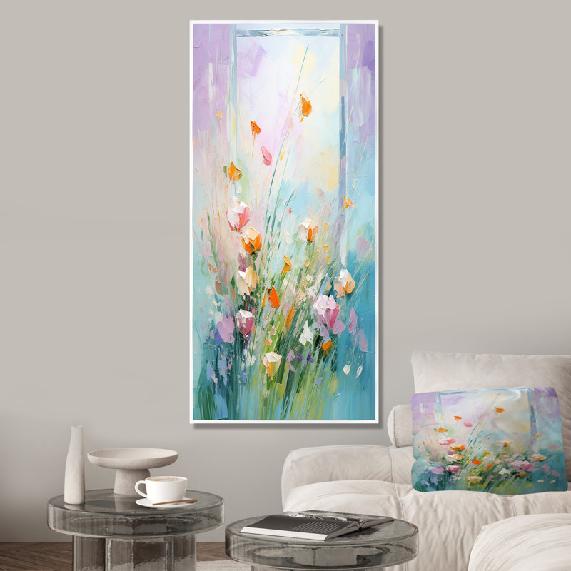 Rose Meadows Breeze III - prairie, art mural, Cadre flottant blanc, H 60 po x l 28 po x P 1,5 po