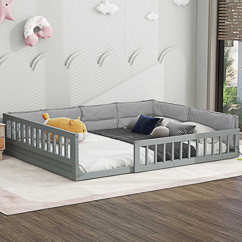 Lit plateforme tapissier en bois avec garde-corps et coussin, Gris