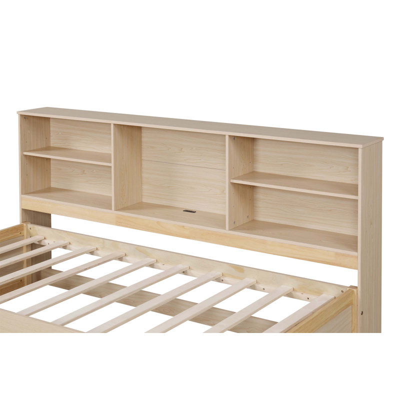 Structure de lit fonctionnelle avec étagères latérales, deux tiroirs et port de chargement intégré pour une utilité accrue dans la chambre à coucher