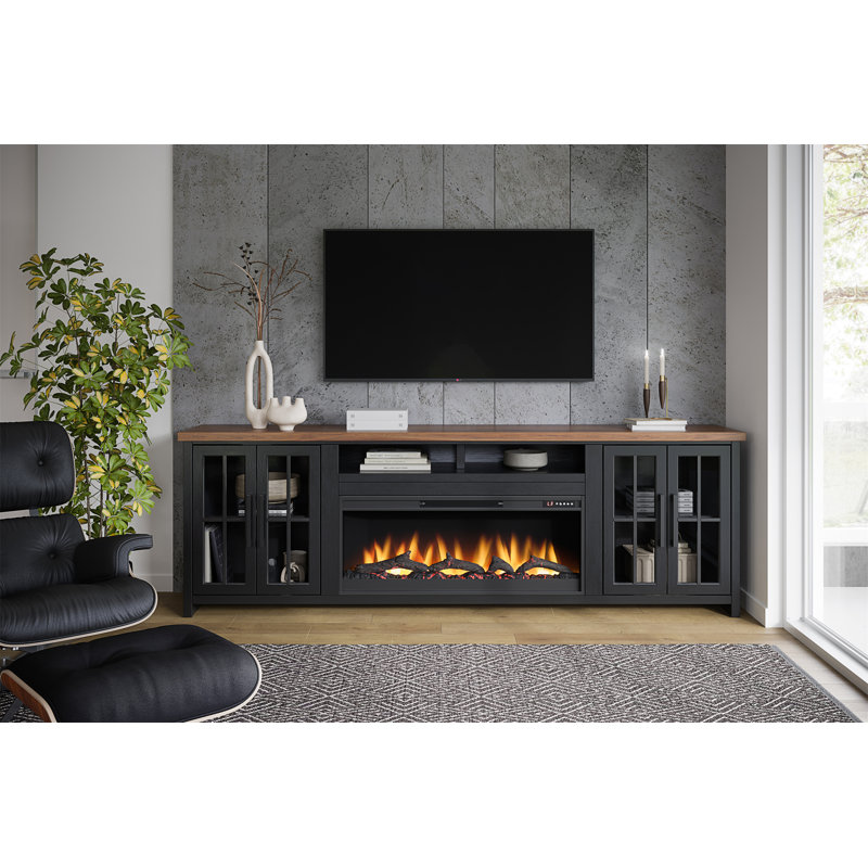 Essex 97 Inch Black and Whiskey Fireplace TV Stand with Cabinet