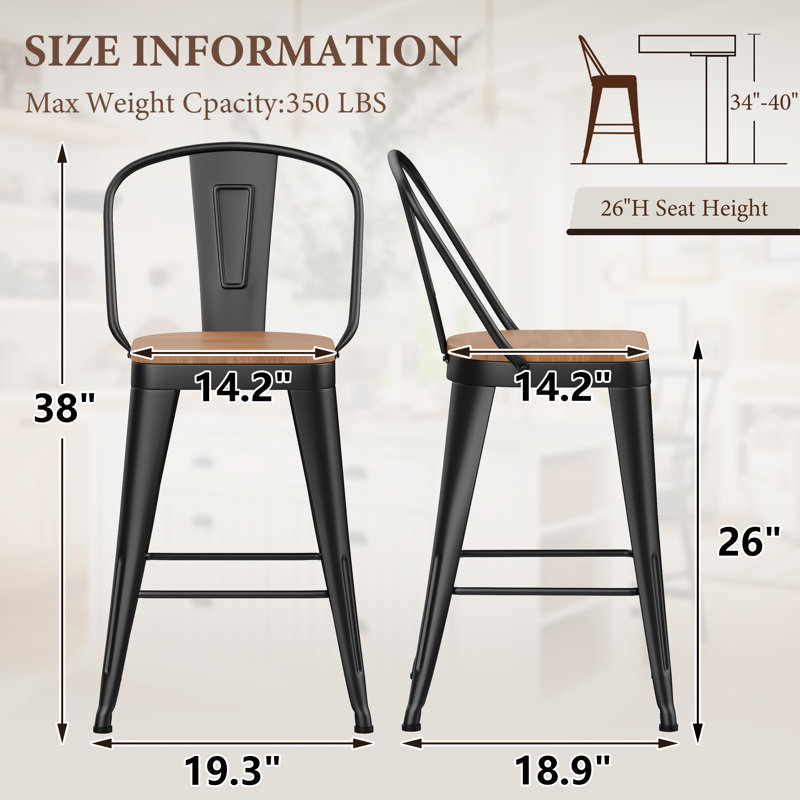 High Back Metal Counter And Bar Stools, Matte Black, Counter Stool (26” Seat Height)
