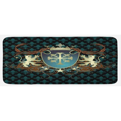 Heraldic Design From Middle Ages Coat Of Arms Crown Lions And Swirls Teal Black Cinnamon Kitchen Mat -  East Urban Home, E4CB3578187A4378AE3067B0AD6501A4