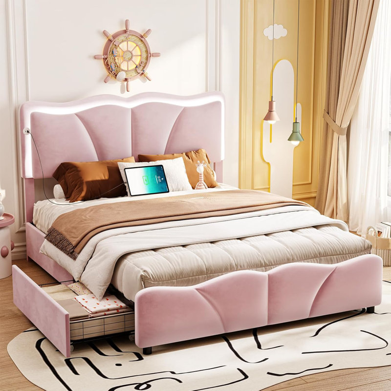 Structure de lit tapissier en velours avec tête de lit réglable en hauteur, Double, Rose