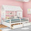 Two Twin Size Platform Bed, White-Toned Solid Wood House Frame with Storage Drawers, Shared Sleeping Space for Children's Bedroom