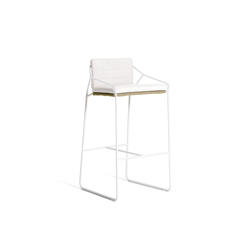 Tabouret de bar avec coussin Sandur, Toile Sunbrella® naturel, Corde d'argile / cadre blanc