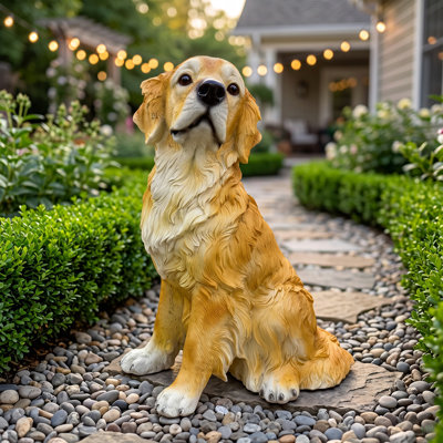 Statue de jardin Golden Retriever, un ornement de chien réaliste en résine brun terre, parfait pour les cours, les pelouses et les patios.