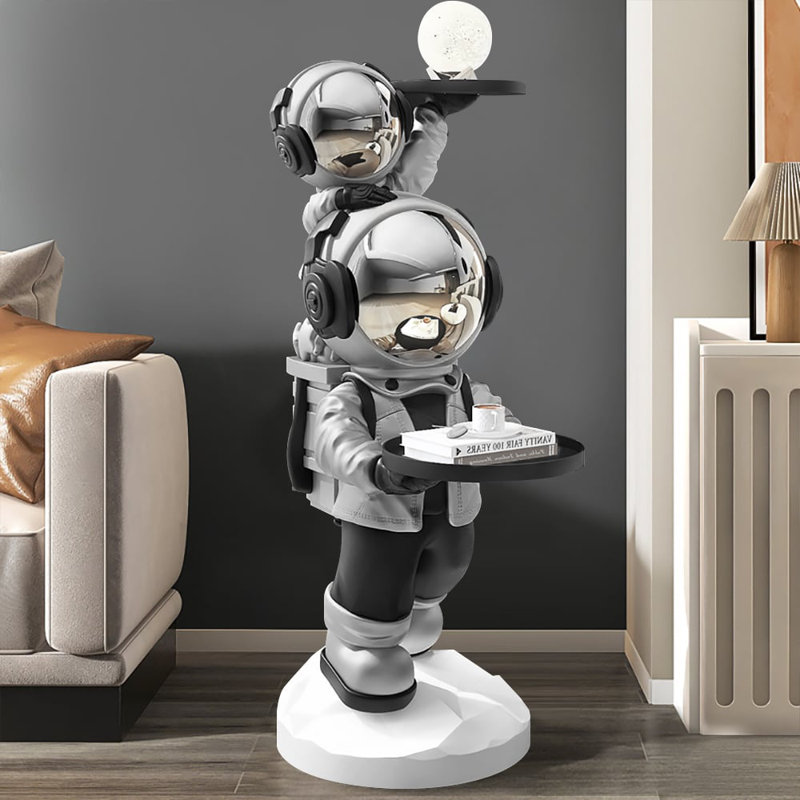 Table d'appoint astronaute en résine avec plateau, Argenté / Noir