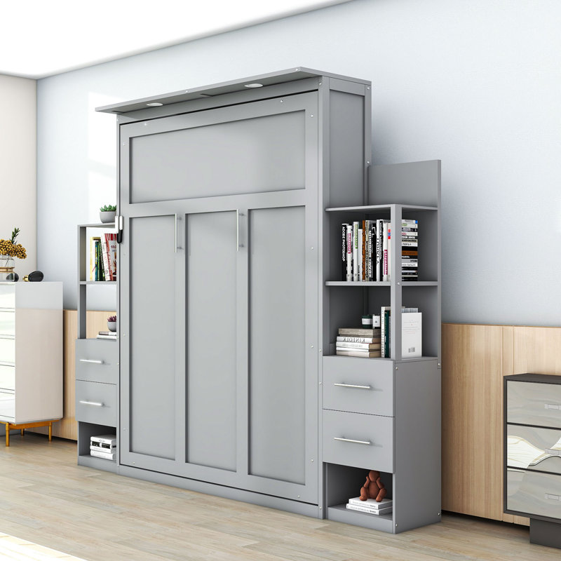 Joean Multi-Function Murphy Bed with Shelves, Drawers, and LED Lights, Gray, Queen