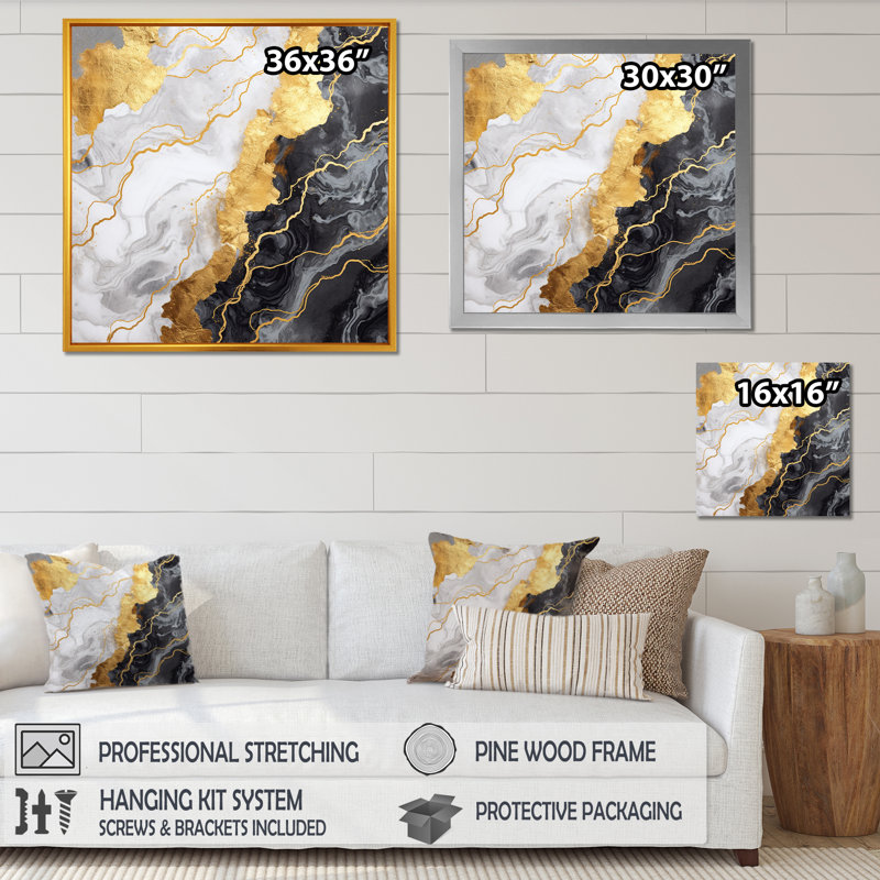 Or et gris abstrait marbre mirage III - Art mural abstrait en marbre, Cadre flottant noir, H 36 po x l 36 po x P 1,5 po