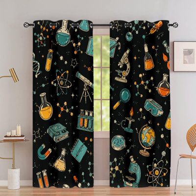 2PCS Grommet Top Blackout Window Curtains, Science Atom Molecule Microscope Test Tube Printed Drapes, Thermal Insulated, Noise Reducing, Privacy Protection, Room Darkening Window Coverings for Bedroom Living Indoor Home Decor