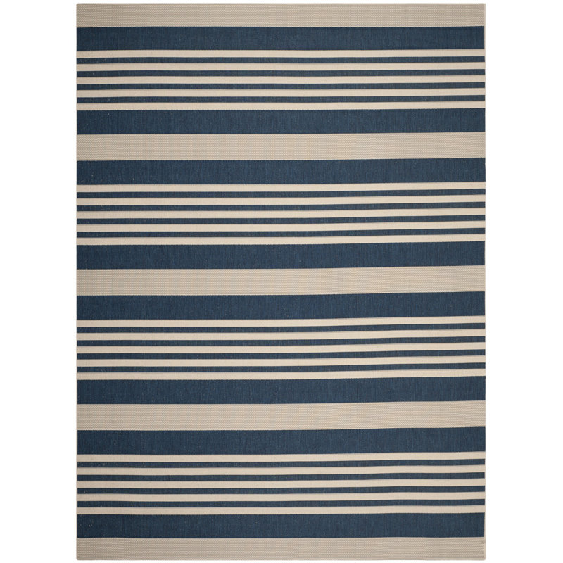 Arneshia Indoor/Outdoor Navy/Beige Striped Rug, Rectangle 10' x 14'