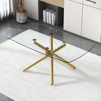 Large Modern Minimalist Rectangular Glass Dining Table With 0.39" Tempered Glass Top And Gilded Metal Legs For Kitchen (Not Including Chair)