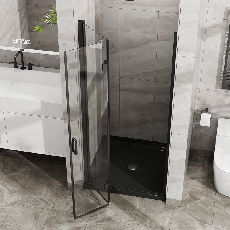 36"X 72" Frameless Glass Shower Door Bifold 1/4 Inch Tempered Clear Glass Pivot Swing Shower Panel In Black Finish, Foldable