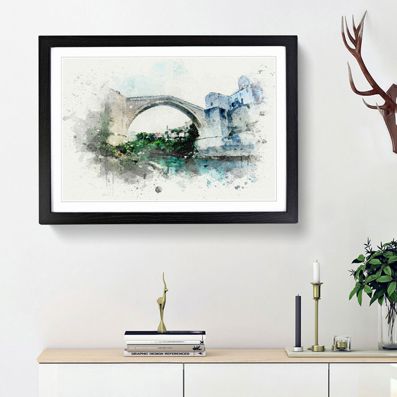 Stari Most Old Bridge in Abstract - Picture Frame Graphic Art Print, 62cm H x 87cm W x 2cm D, Black Framed