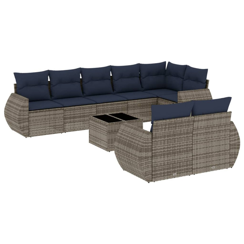 Ensemble de canapé de patio 9 pièces avec coussins en rotin de polyester, Bleu foncé, Gris