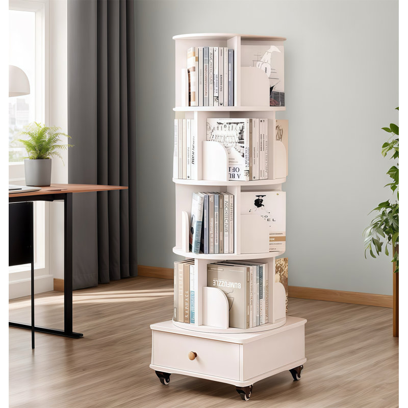 Bibliothèque rotative avec tiroir, (5 tablettes) H 57 po x l 18,11 po x P 18,11 po, Blanc