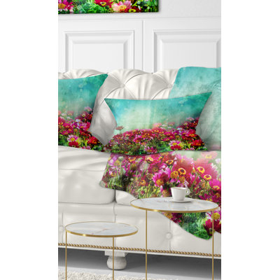 Petites fleurs rouges et roses sur fond bleu - imprimé floral