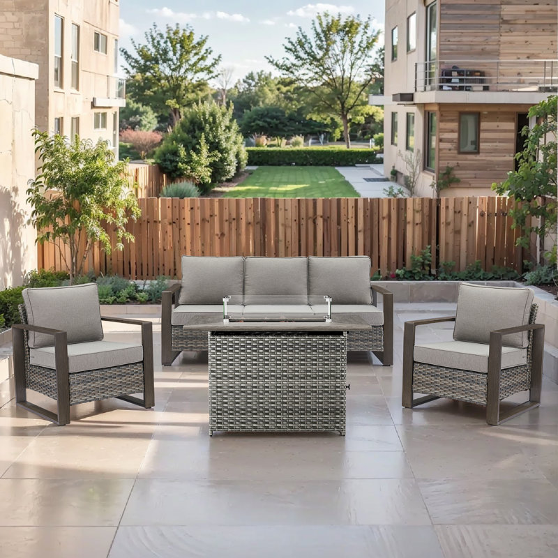 Lisieux 4-Pieces Wicker Sofa Seating Group With Fire Pit Table Conversation Set, Gray, Gray
