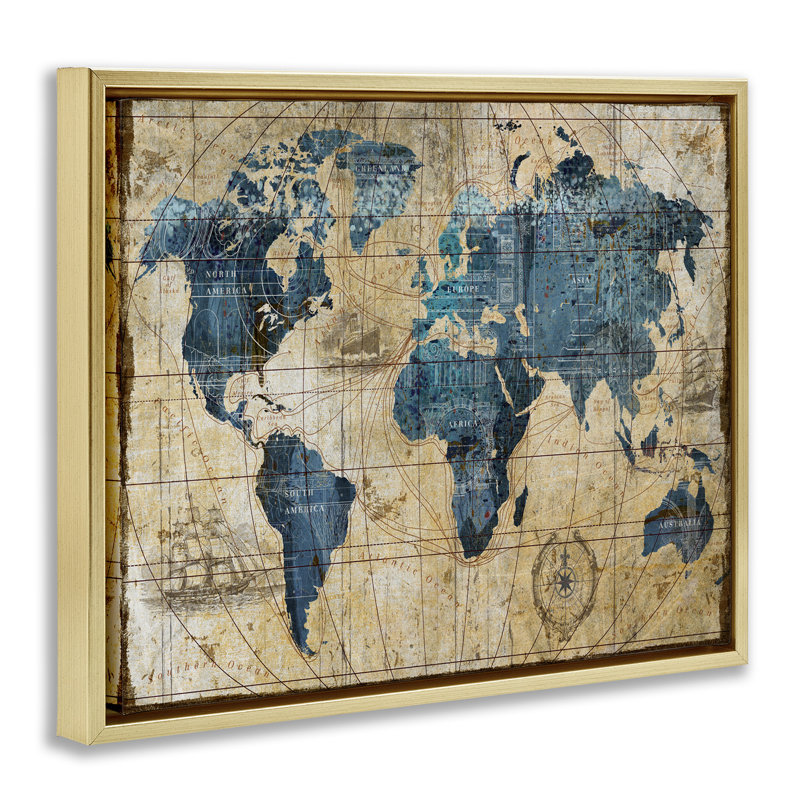 Art mural rétro sur carte du monde abstrait par Art Licensing Studio, Cadre flottant doré, H 25 po x l 31 po