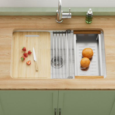 30"L x 19"W Fireclay Undermount Workstation Kitchen Sink, Drop-in Kitchen Sink White Single Bowl, Dual Mount, with Colander and Cutting Board