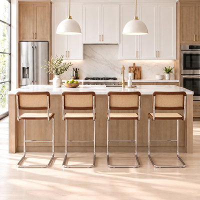 Rubberwood Wicker and Solid Wood Bar Stool with Solid Wood and Steel Frame