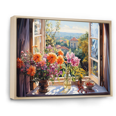 Orange And Green French Window View I - Floral Window Wall Art
