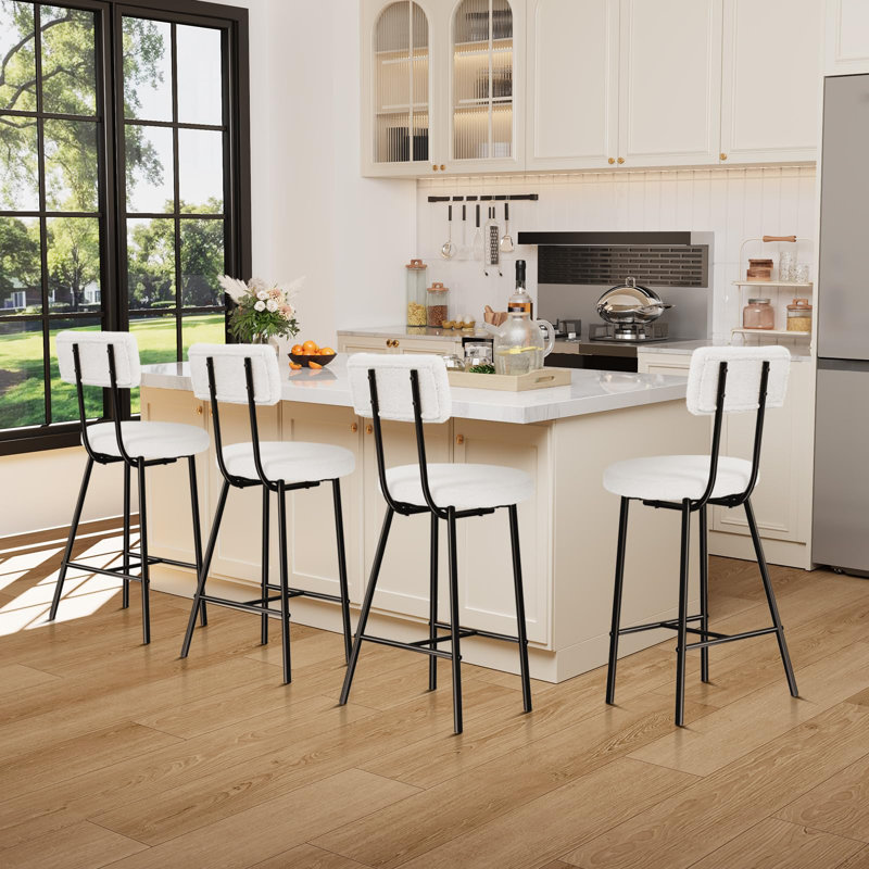 Boucle Upholstered Bar Stools, Modern Counter Height Bar Chairs With High Back, Footrest And Metal Leg, White, 4