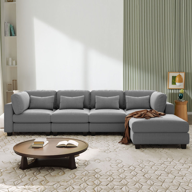 Canapé 5 pièces en forme de L avec repose-pieds amovibles et coussins confortables, Velours côtelé gris