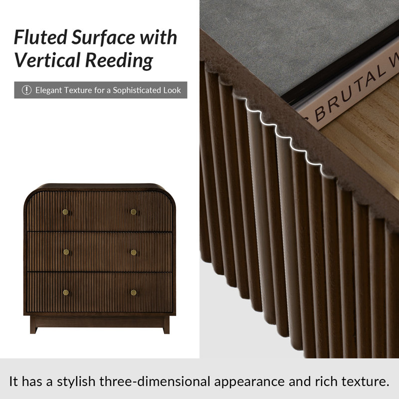 Melisa Modern 28"W 3-Drawer Fluted Curved End Table Simple Assemblly with Charging Station, Walnut