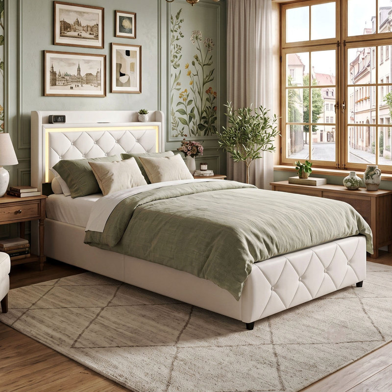 EU & UK Sizes Velvet Ottoman Bed With LED Storage Headboard, Upholstered Bed Frame With Charging Port, Beige, Single (3')