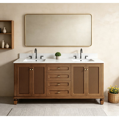 Meuble-lavabo double 72 po avec comptoir en marbre, lavabo en céramique et dosseret