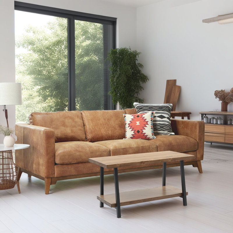 Table basse 39 "en bois rustique - Noyer massif avec tablette inférieure
