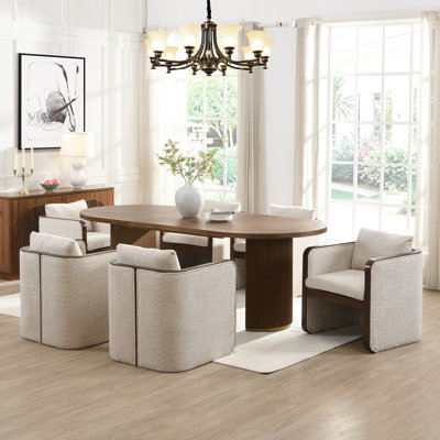 Trammell 7-Piece Mid-Century Modern Oval Wood Dining Table Set With Upholstered Arm Chairs