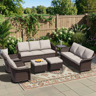 Ensemble de canapé de patio en osier 7 pièces avec chaises pivotantes, table d'appoint et repose-pieds Alderwood
