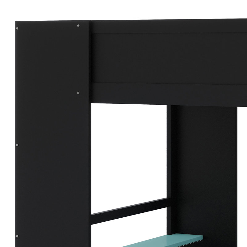 Lit superposé double en bois pleine grandeur avec bureau à hauteur réglable, garde-robe, rangement spacieux et lumière RVB