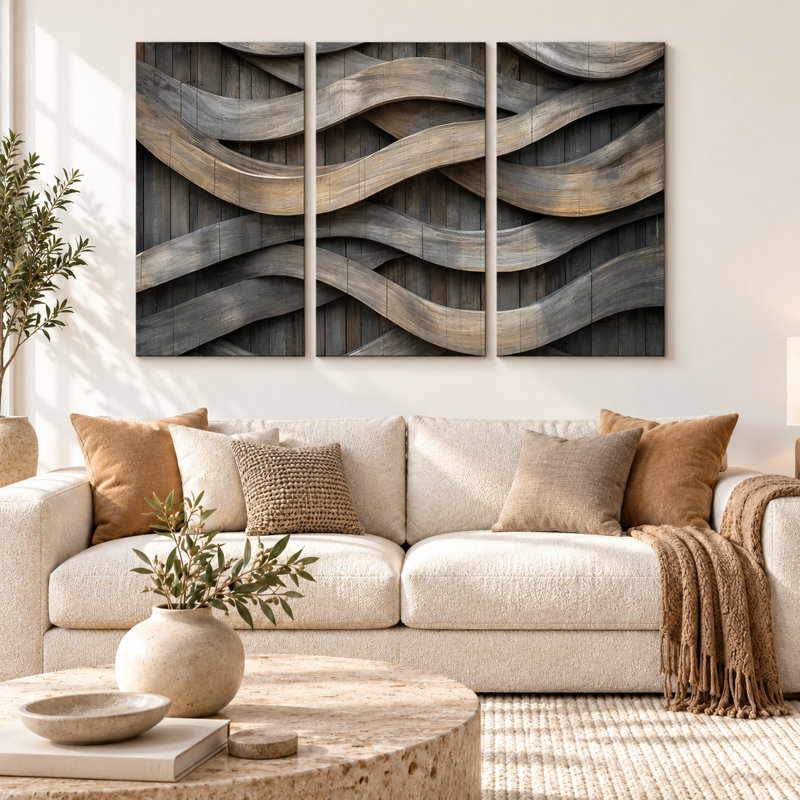Triptych Canvas Wall Art – Flowing Wood Grain Print, 3-Panel Painting Reproduction, 36" H x 72" W