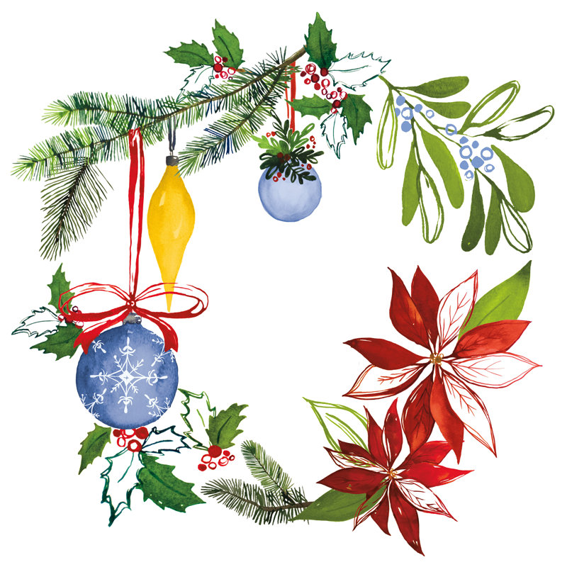 «Christmas Wreath VI» par Harriet Sussman - reproduction d'art sur toile tendue, H 12 po x l 12 po, Non, Toile tendue