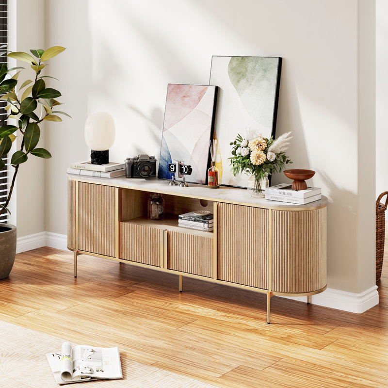 70" Luxury Fluted TV Stand with Faux Marble Top for TVs Up to 80", Natural Oak