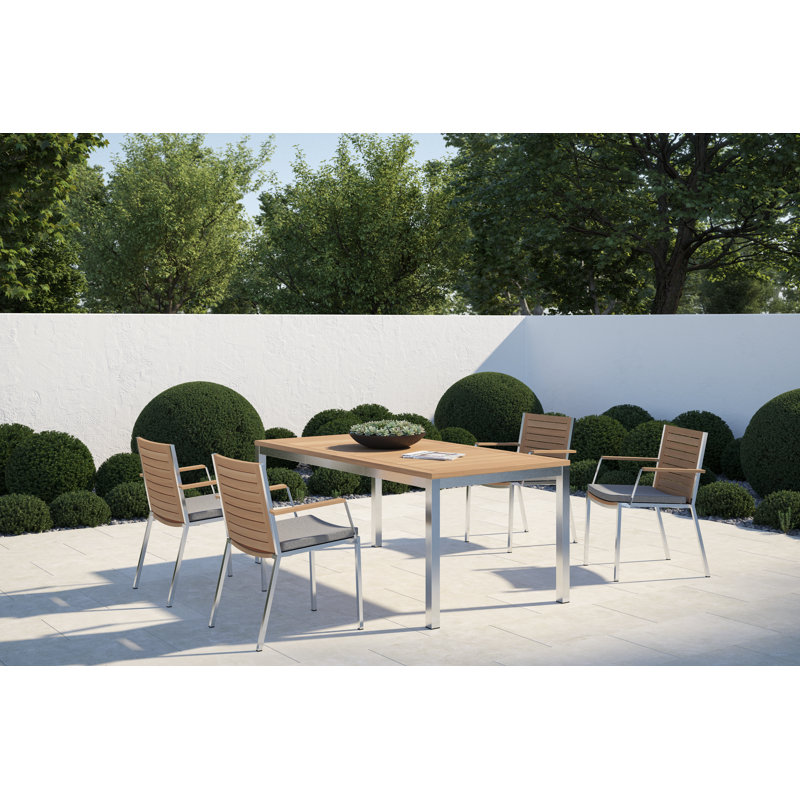 Outdoor Furniture Monterey 5 Piece Dining Set with 72 in. Table, Stainless Steel/Natural Teak, Loft Charcoal