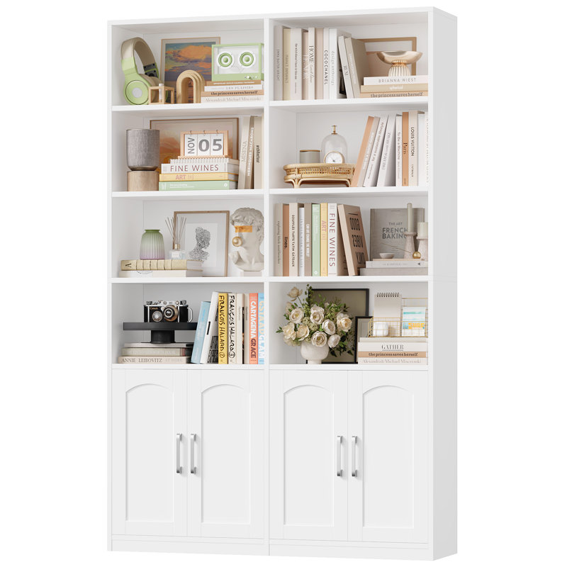 Bibliothèque standard en bois avec portes et 8 tablettes ouvertes Kirklyn, Blanc