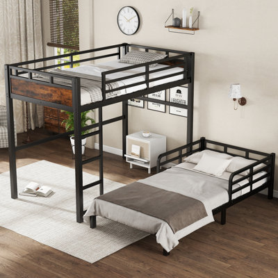 Twin XL over Twin XL Metal Bunk Bed/Metal Loft Bed and Metal Platform Beds,with raised security fence,Vintage Wood-colored